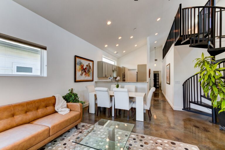 2715 Zaragosa great room with vaulted ceilings and concrete floors in East Austin, Texas